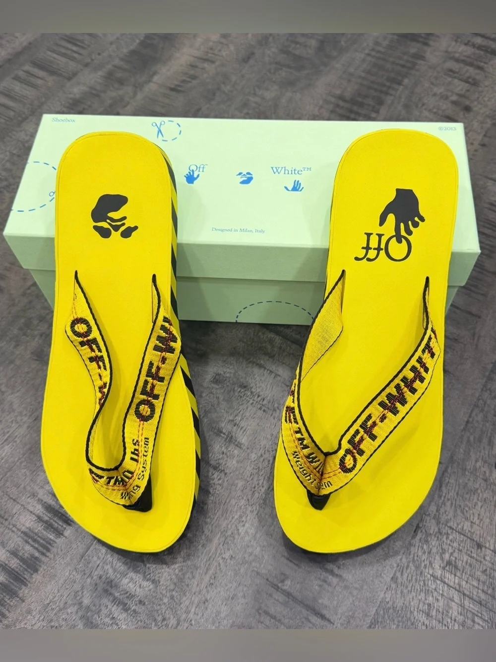 Off-White Yellow Logo Webbing Flip Flops Off-White Yellow Logo Webbing Flip Flops karenscompany.com main image 2